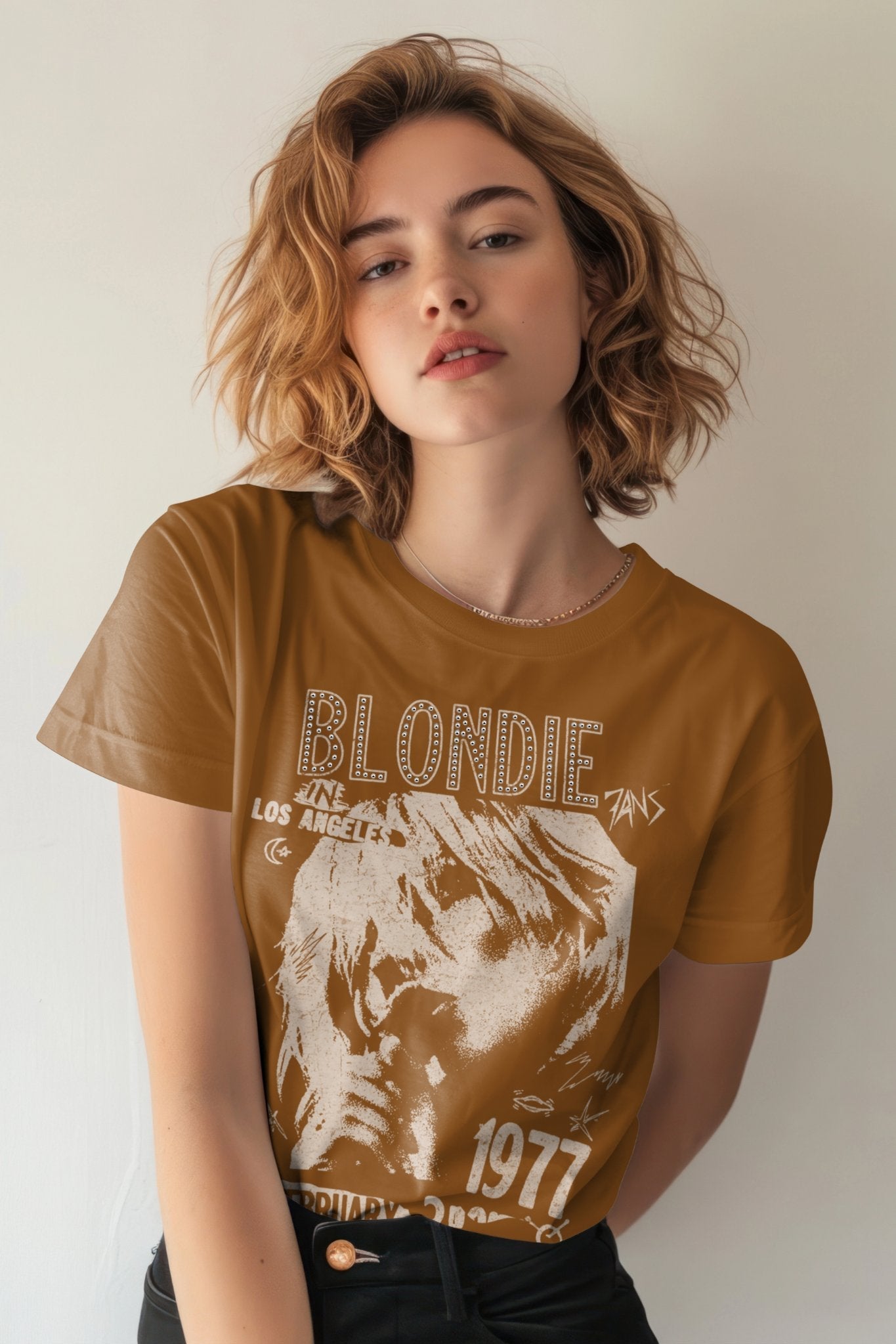 Brown  t-shirt featuring Blondie album cover released in 1977 with stud details