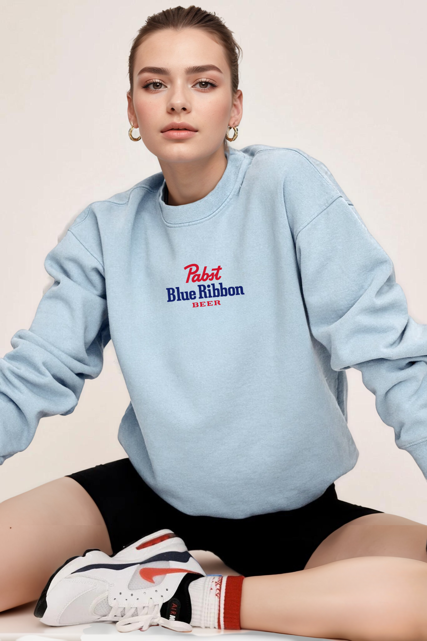 Pabst Blue Ribbon Embroidered Unisex Crew Sweatshirt in Sky Blue